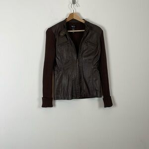Style & Co Leather Knit Full Zip Jacket 2 Pocket Womens S Long Ribbed Sleeves